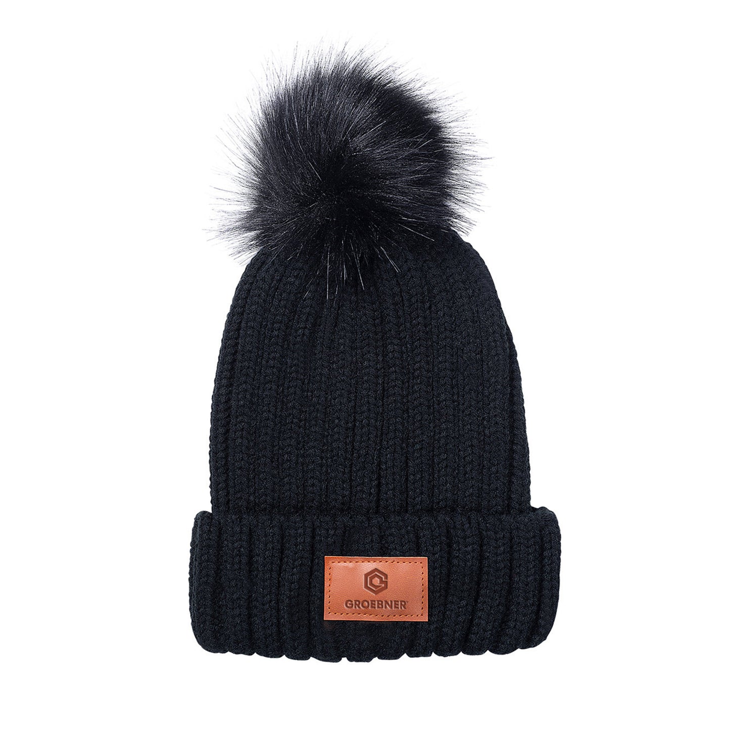 Leeman Black Knit Beanie with Fur Pom Pom