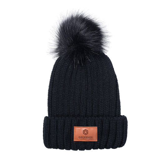 Leeman Black Knit Beanie with Fur Pom Pom