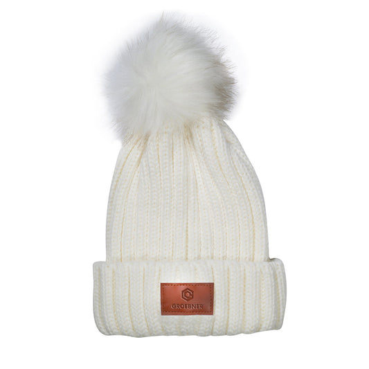 Leeman Cream Knit Beanie with Fur Pom Pom